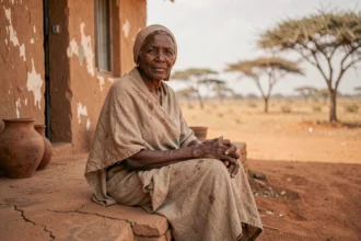 Femme âgée assise devant une maison en terre dans un village rural d'Afrique subsaharienne, illustrant la pauvreté extrême dans les pays les plus pauvres du monde