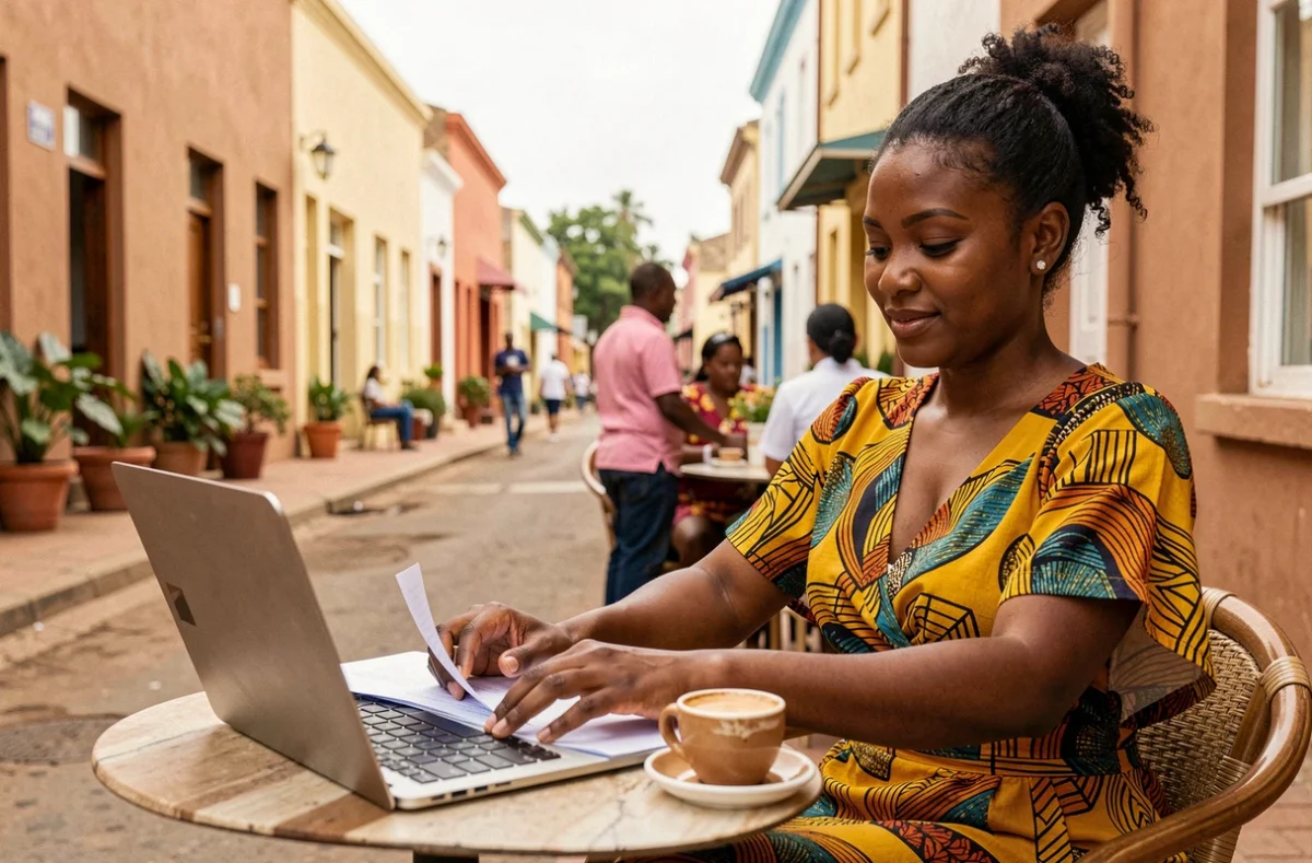 Jeune femme africaine travaillant à une terrasse de café à Windhoek, Namibie, illustrant la tranquillité et la sécurité urbaine en Afrique