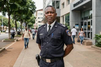 Policier africain en uniforme devant un bâtiment gouvernemental moderne à Kigali, symbole de sécurité et d'ordre en Afrique