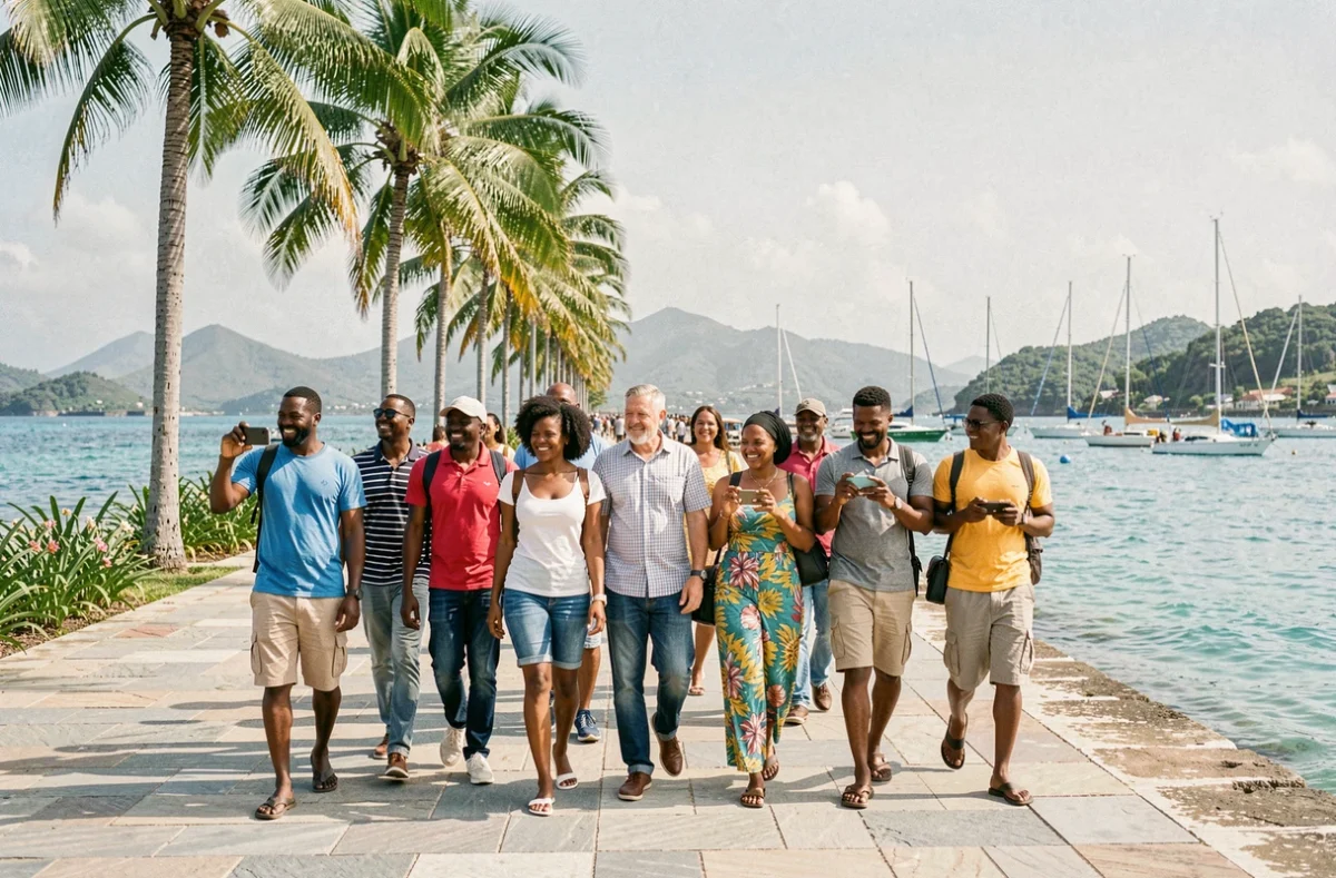 Touristes et habitants se promenant sur un front de mer propre et sécurisé à l'Île Maurice, destination africaine paisible et accueillante