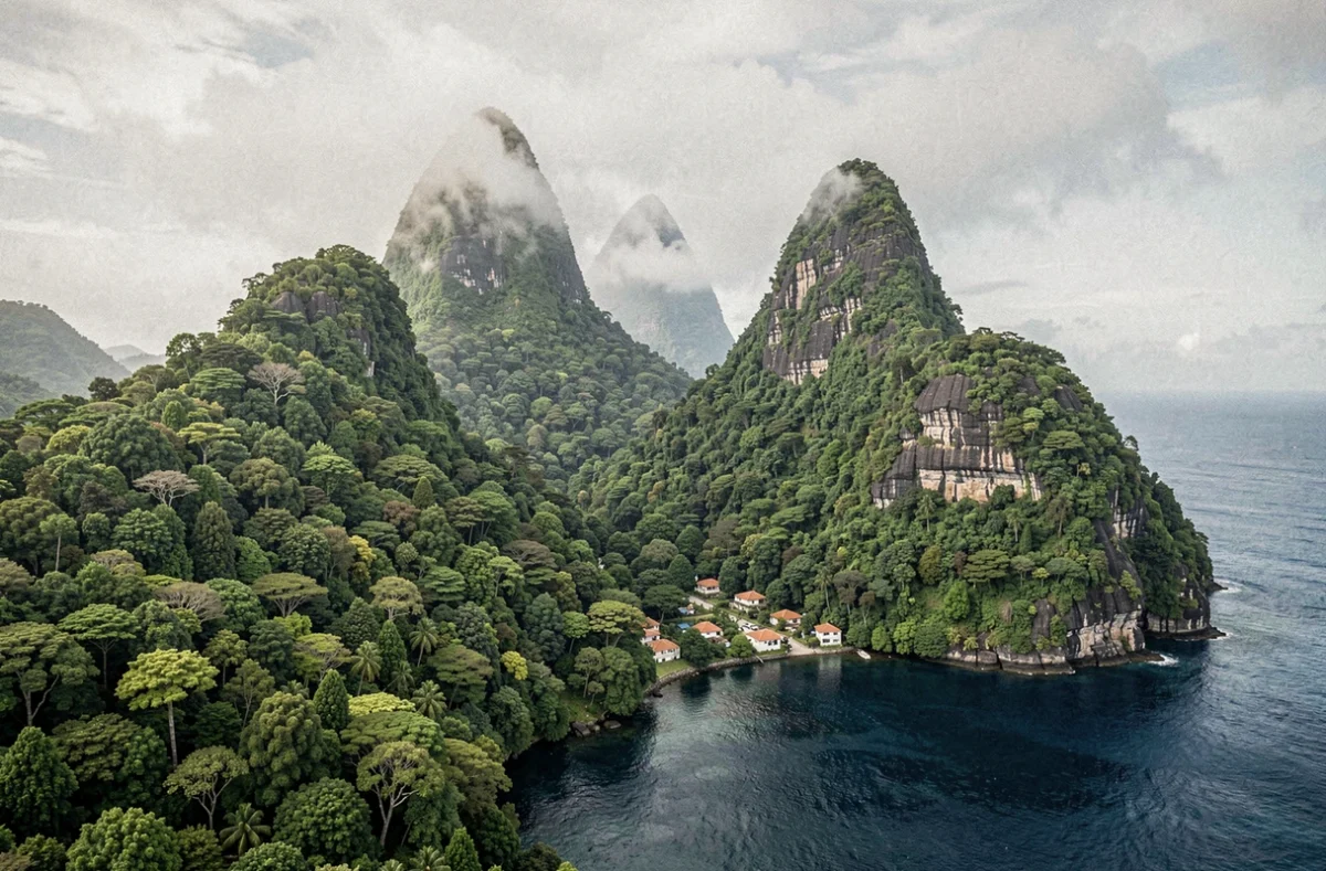 Vue panoramique des pitons volcaniques de Sainte-Lucie émergeant de la forêt tropicale avec une baie aux eaux sombres au premier plan