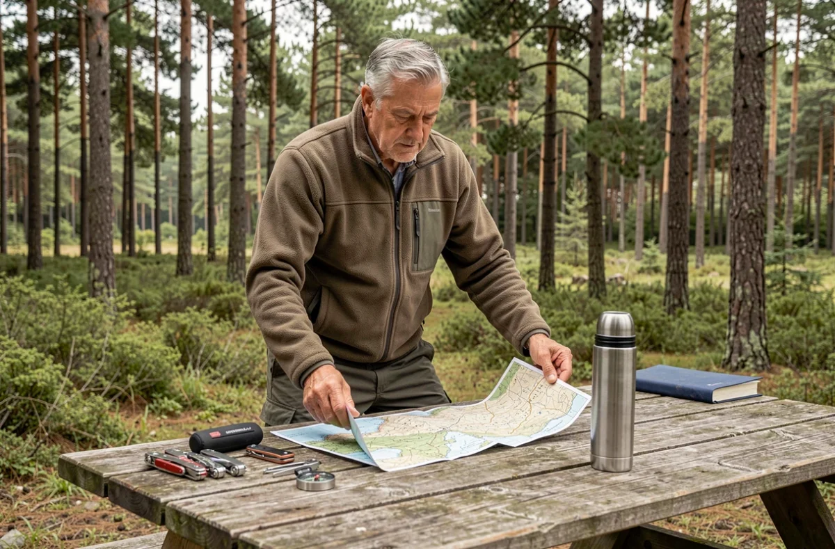 Homme consultant une carte topographique et du matériel de navigation pour préparer un camping en forêt