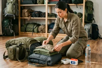 Femme préparant son sac à dos de camping avec équipement et matériel de randonnée étalé sur le sol