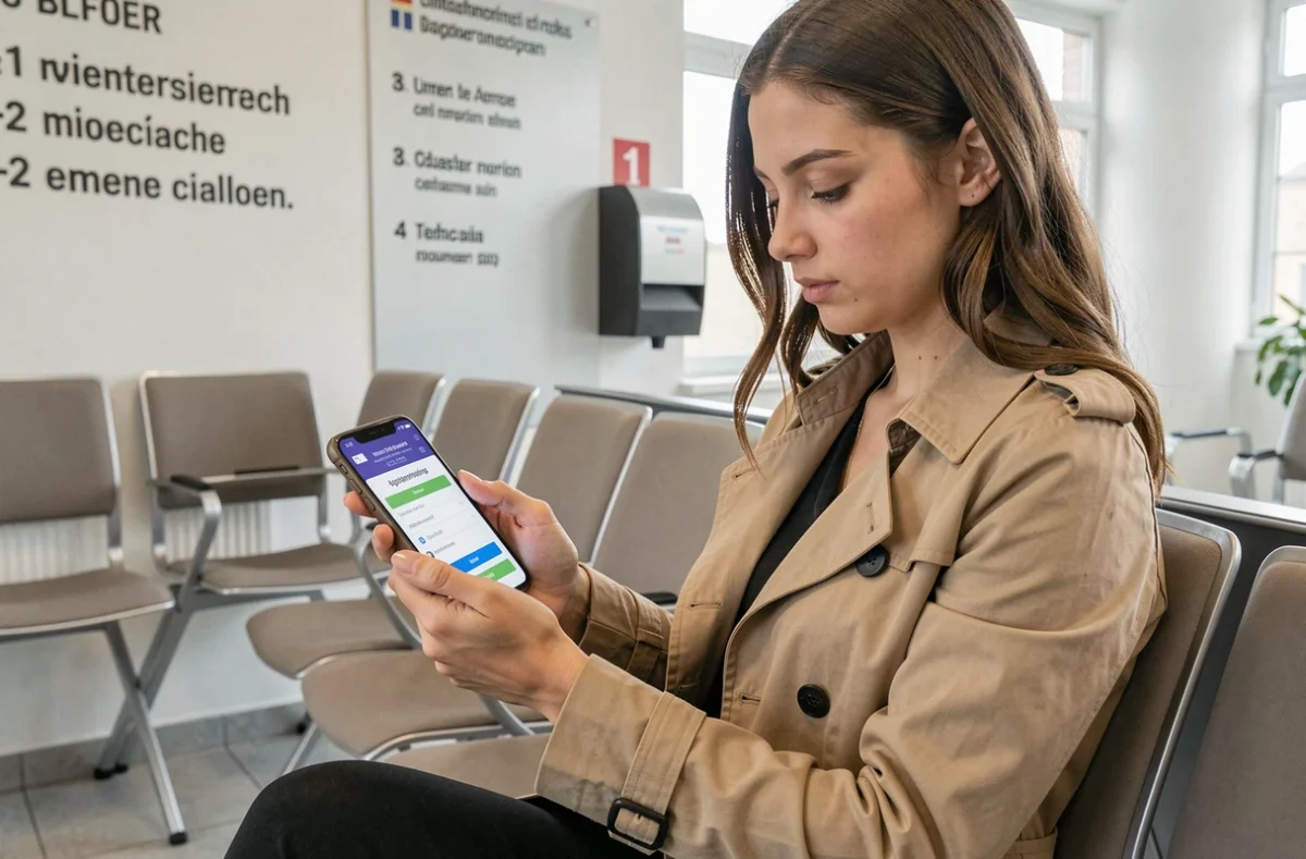 Jeune femme prenant rendez-vous en ligne au consulat de Belgique depuis son smartphone