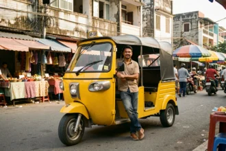 Tuktuk jaune garé dans une rue animée d'Asie du Sud-Est, illustrant le prix et le coût d'un tuktuk