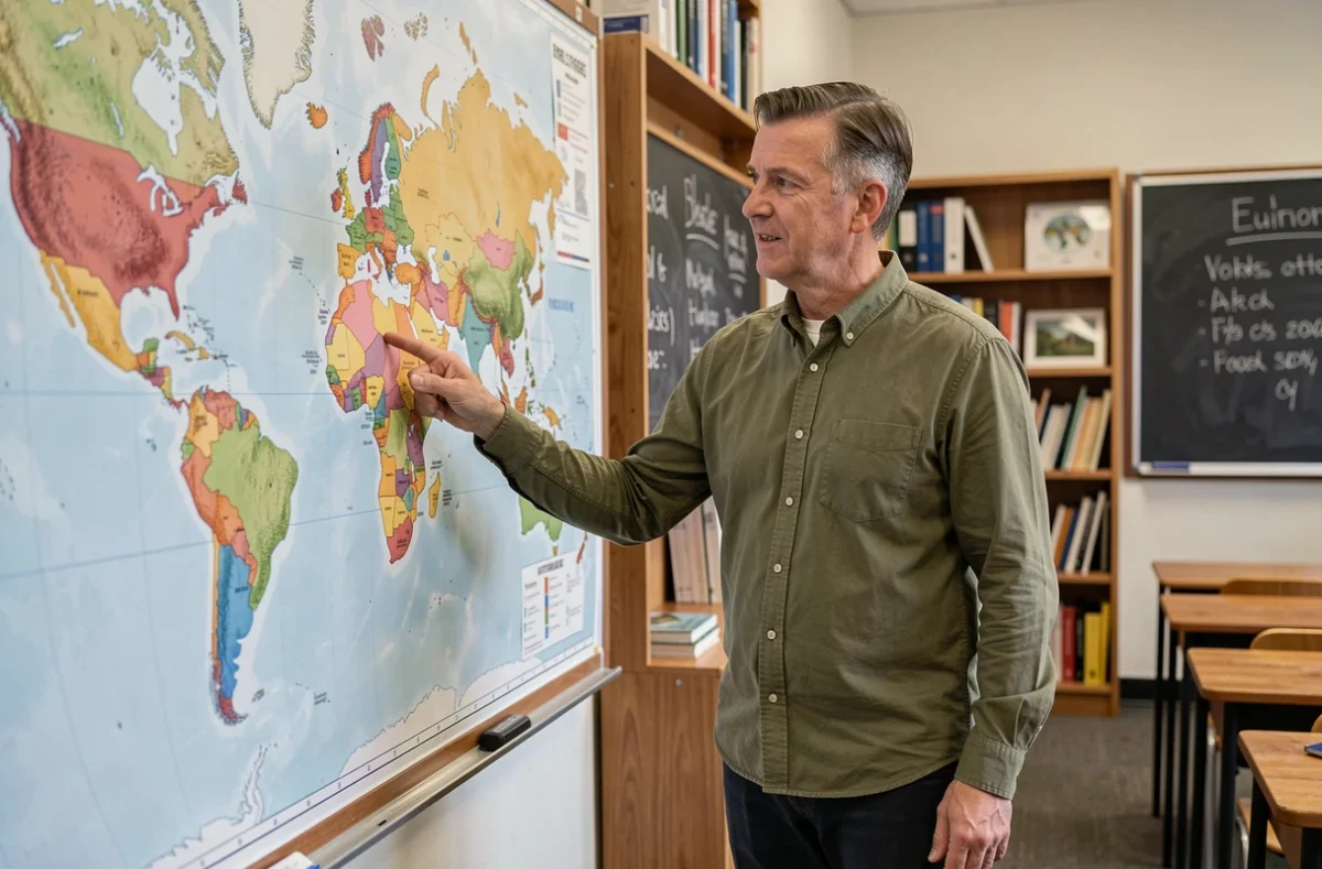 Professeur de géographie expliquant les zones climatiques mondiales devant une carte du monde en classe