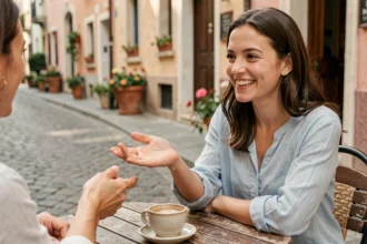 Femme prononçant hvala dans un café européen en plein air avec un geste de gratitude naturel