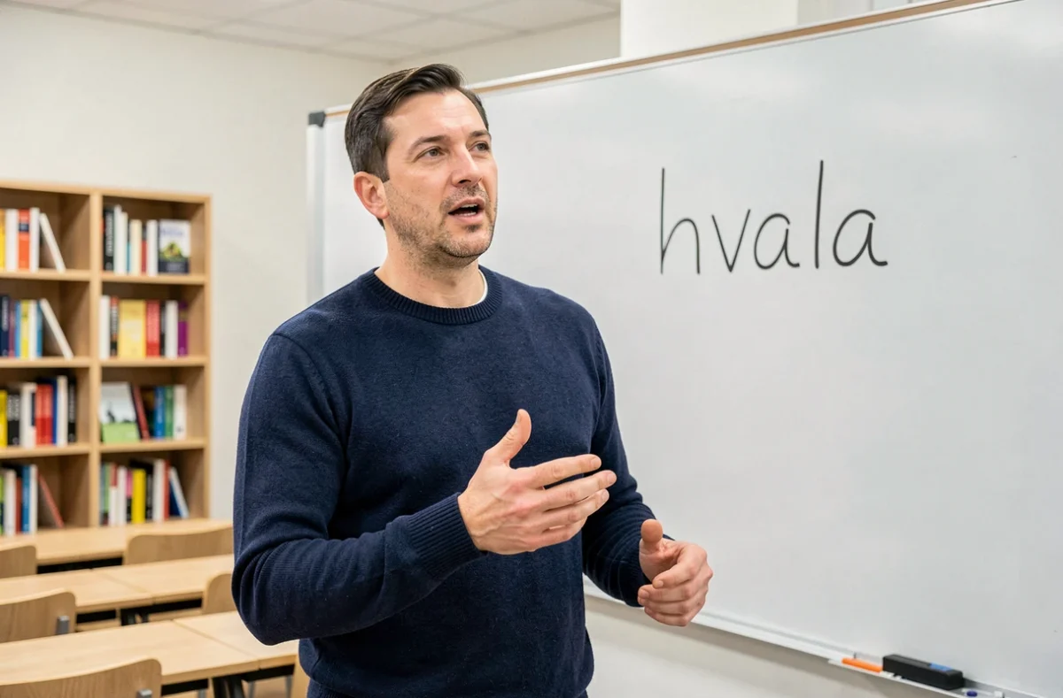 Professeur de langues expliquant la prononciation du mot hvala devant un tableau blanc phonétique