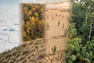 Panorama illustrant les quatre grandes zones climatiques de la Terre : arctique, tempérée, désertique et tropicale