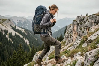 Femme randonneuse ajustant son sac à dos sur un sentier de montagne rocheux entouré de forêt de pins