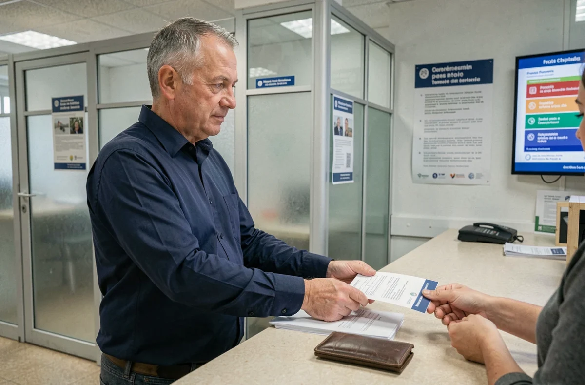 Homme déposant un dossier de renouvellement de passeport au guichet d'une mairie ou préfecture en France