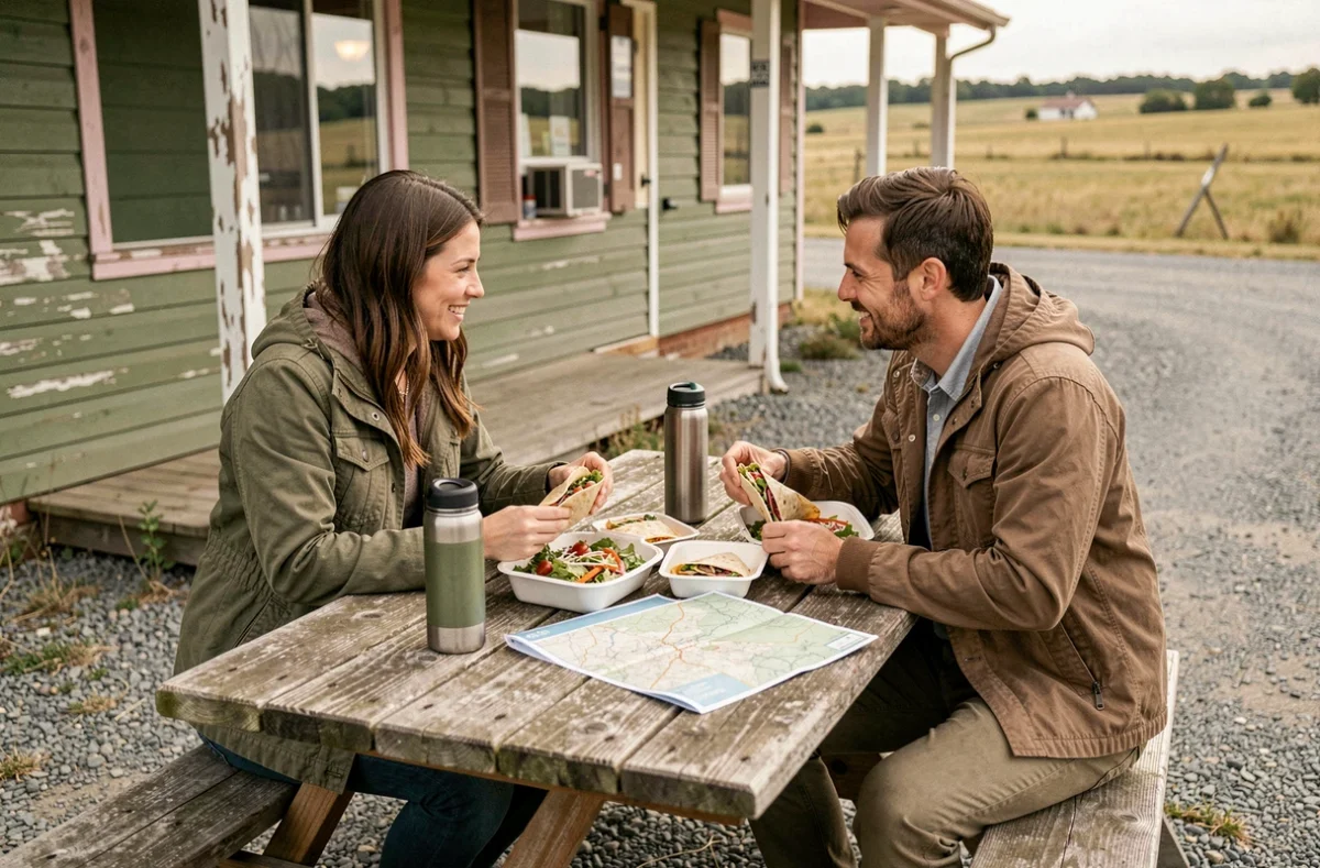 Deux amis partageant un repas équilibré à une table de pique-nique devant un diner pendant un road trip