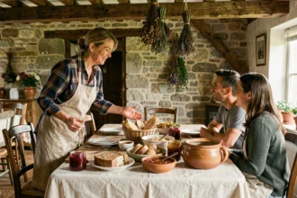 Hôtesse d'une ferme auberge présentant un repas traditionnel fait maison à ses convives dans une salle rustique aux murs en pierre