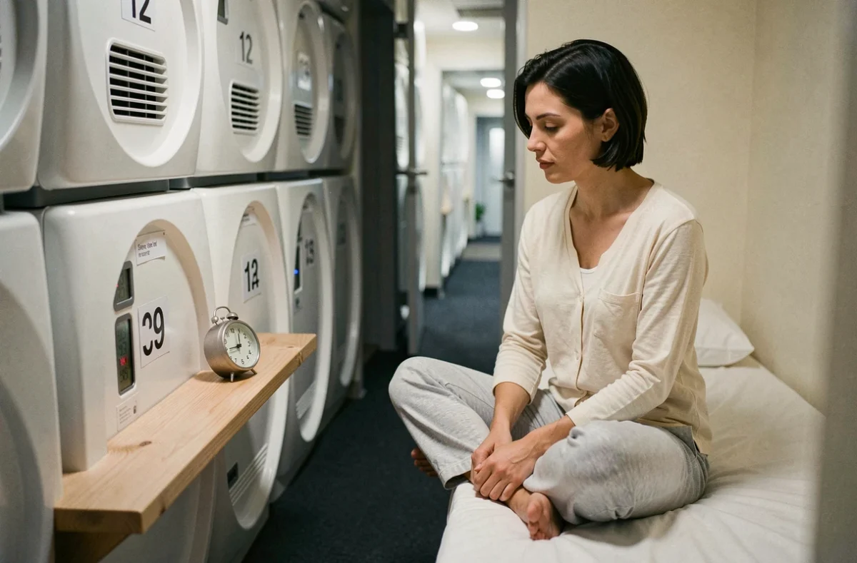 Femme consultant un réveil de voyage posé sur l'étagère d'un hôtel capsule