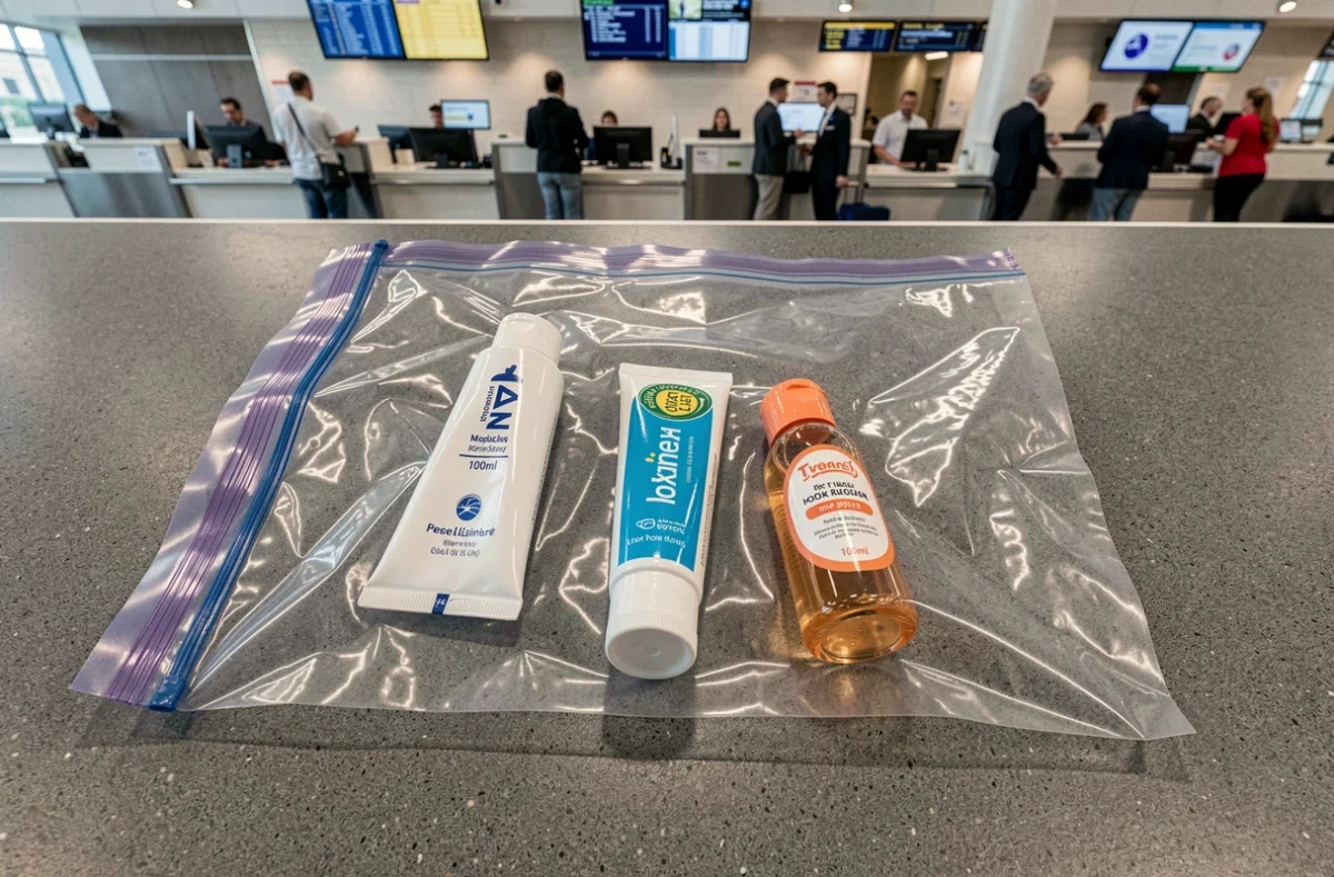 Sac plastique transparent de voyage contenant un dentifrice et des produits de toilette conformes aux règles de sécurité aéroportuaire