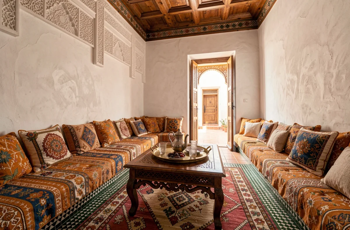 Salon intérieur d'un riad marocain décoré de banquettes brodées, de zellige, d'un plateau à thé en laiton et d'un plafond en cèdre sculpté