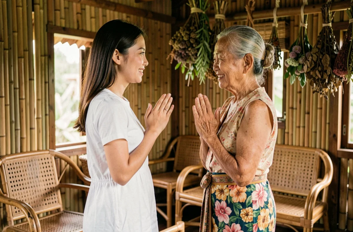 Jeune femme thaïlandaise saluant une femme âgée avec le geste du wai à l'intérieur d'une maison traditionnelle thaïlandaise