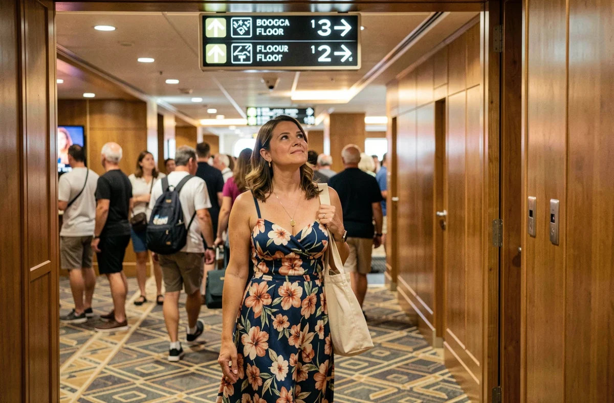 Passagère lisant la signalétique des ponts à l'intérieur d'un paquebot de croisière