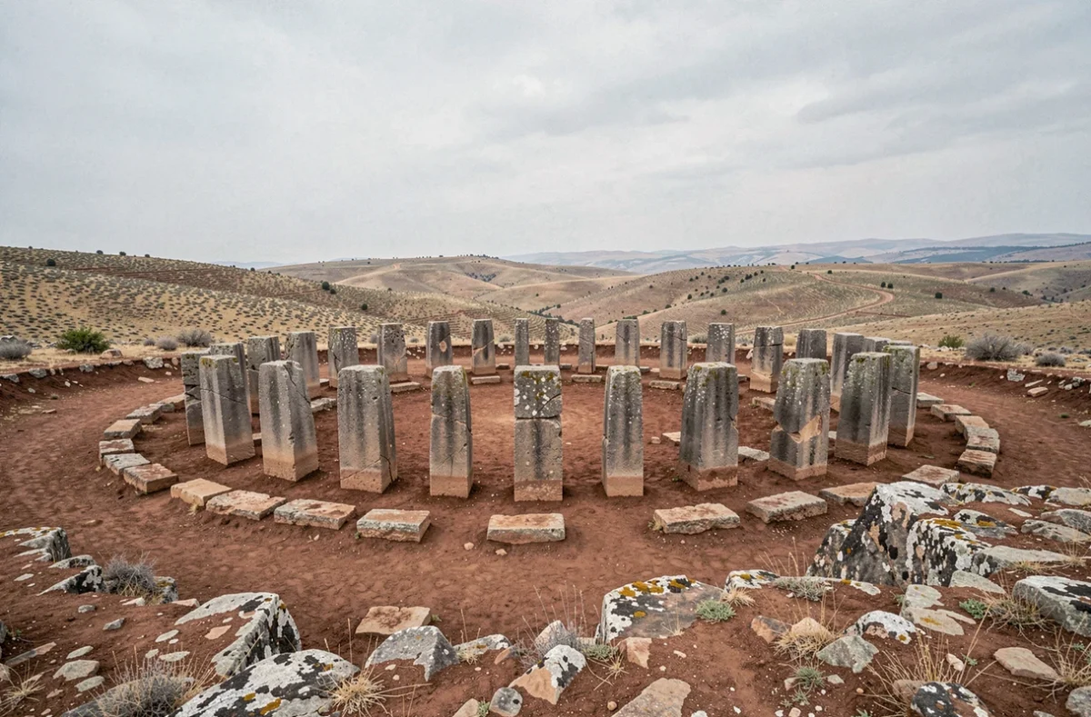 Vue panoramique du site archéologique de Göbekli Tepe avec ses piliers mégalithiques en cercles