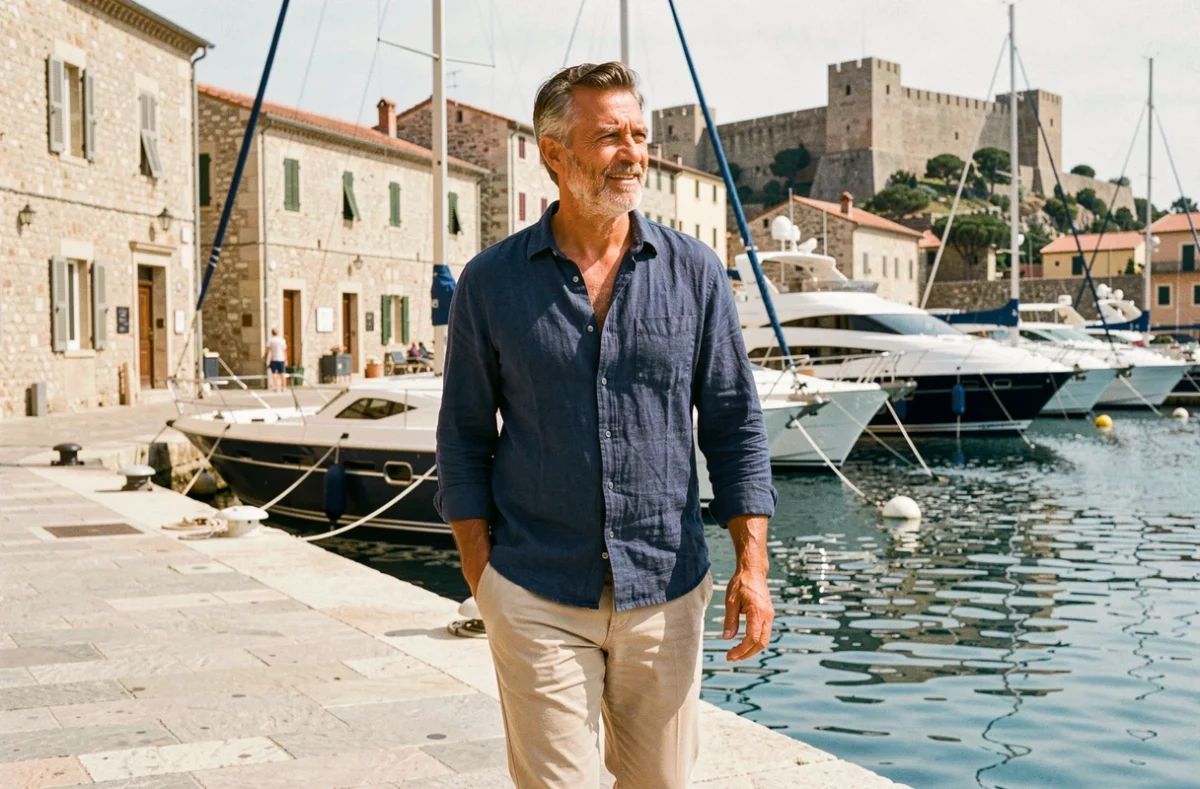 Homme élégant se promenant sur le port de plaisance de Calvi en Corse, avec des voiliers de luxe et la vieille ville en arrière-plan