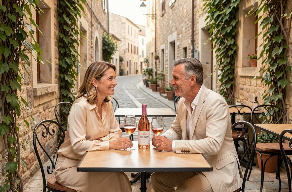 Couple élégant dînant en terrasse dans un restaurant de la vieille ville de Calvi en Corse, avec un verre de rosé et une ambiance méditerranéenne authentique