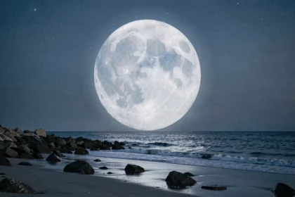 Super Lune bleue se levant à l'horizon au-dessus d'une côte rocheuse au crépuscule, reflétant sa lumière argentée sur l'eau calme