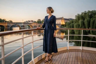 Femme élégante en robe midi marine sur le pont d'une croisière fluviale au coucher du soleil