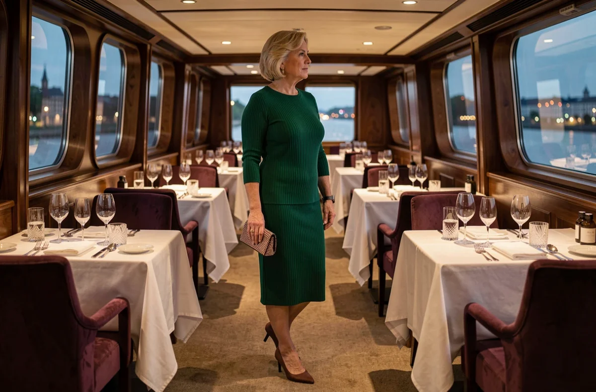 Femme distinguée en robe verte dans la salle à manger d'un bateau de croisière fluviale le soir