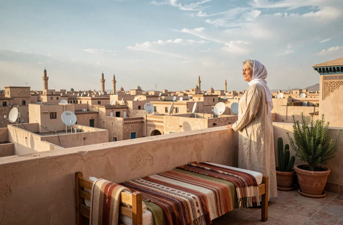 Terrasse sur le toit d'un riad marocain avec vue panoramique sur les toits de la médina et une femme contemplant le paysage urbain