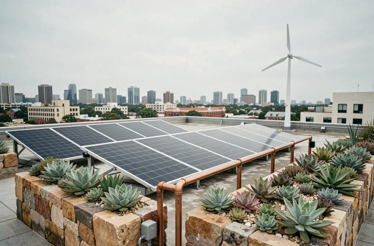 Toiture d'hôtel écologique avec panneaux solaires, récupération d'eau de pluie et plantes succulentes natives en milieu urbain