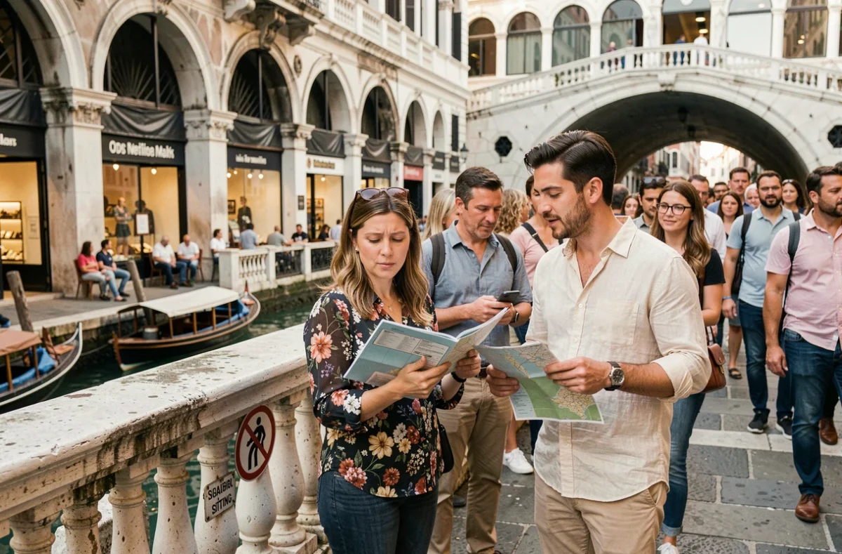 Touristes lisant un panneau d'interdiction de s'asseoir sur les marches du pont du Rialto à Venise