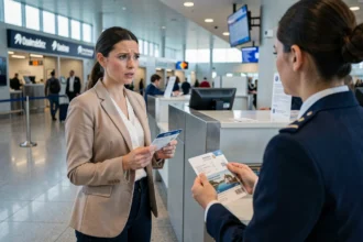 Femme tenant une carte d'embarquement à un comptoir d'enregistrement d'aéroport, illustrant le transfert d'un billet d'avion à une autre personne