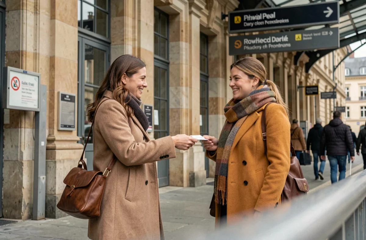 Deux femmes devant une gare ferroviaire européenne, l'une remettant un billet de train à l'autre, illustrant le transfert d'un billet à une autre personne