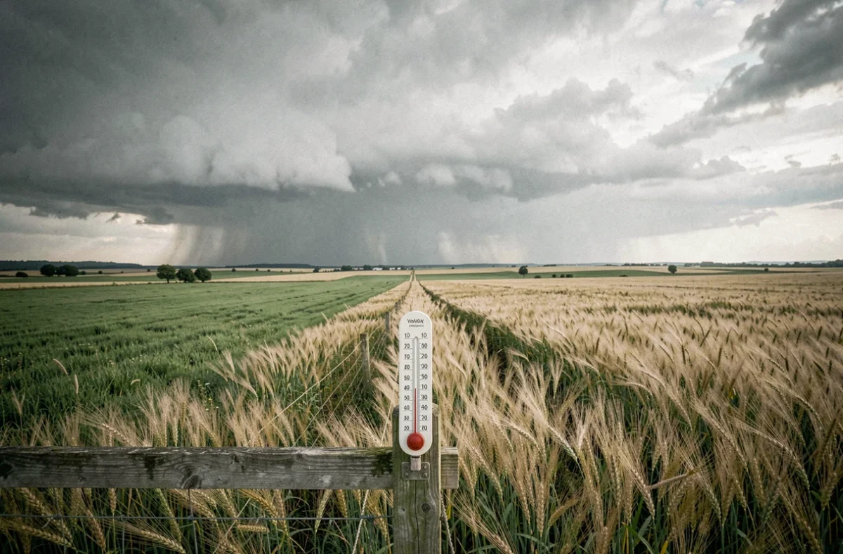 Paysage rural illustrant trois éléments météorologiques : pluie à distance, thermomètre en gros plan et herbes courbées par le vent