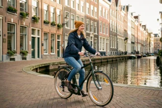Femme à vélo sur un canal d'Amsterdam avec des maisons typiques hollandaises en arrière-plan