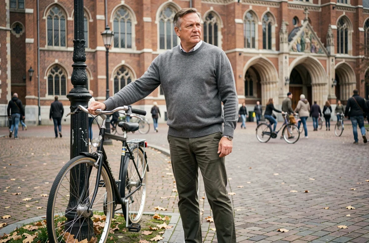 Homme garant son vélo devant le Rijksmuseum à Amsterdam en automne