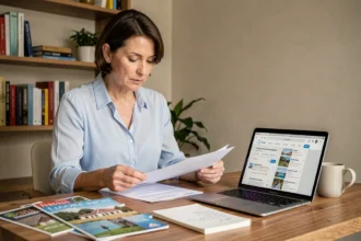 Femme vérifiant les avis et documents d'une agence de voyage depuis son bureau à domicile