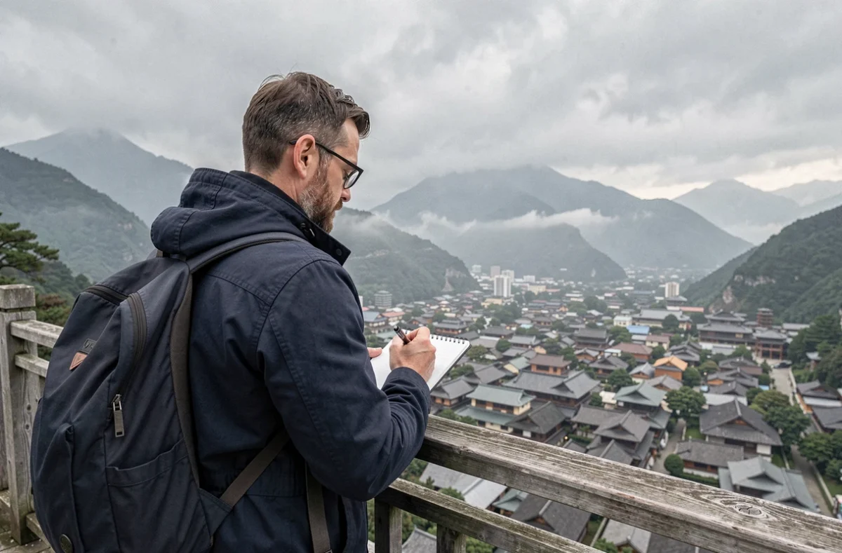 Voyageur prenant des notes sur un belvédère avec vue panoramique sur une ville asiatique et ses montagnes, évoquant les plus belles destinations du monde