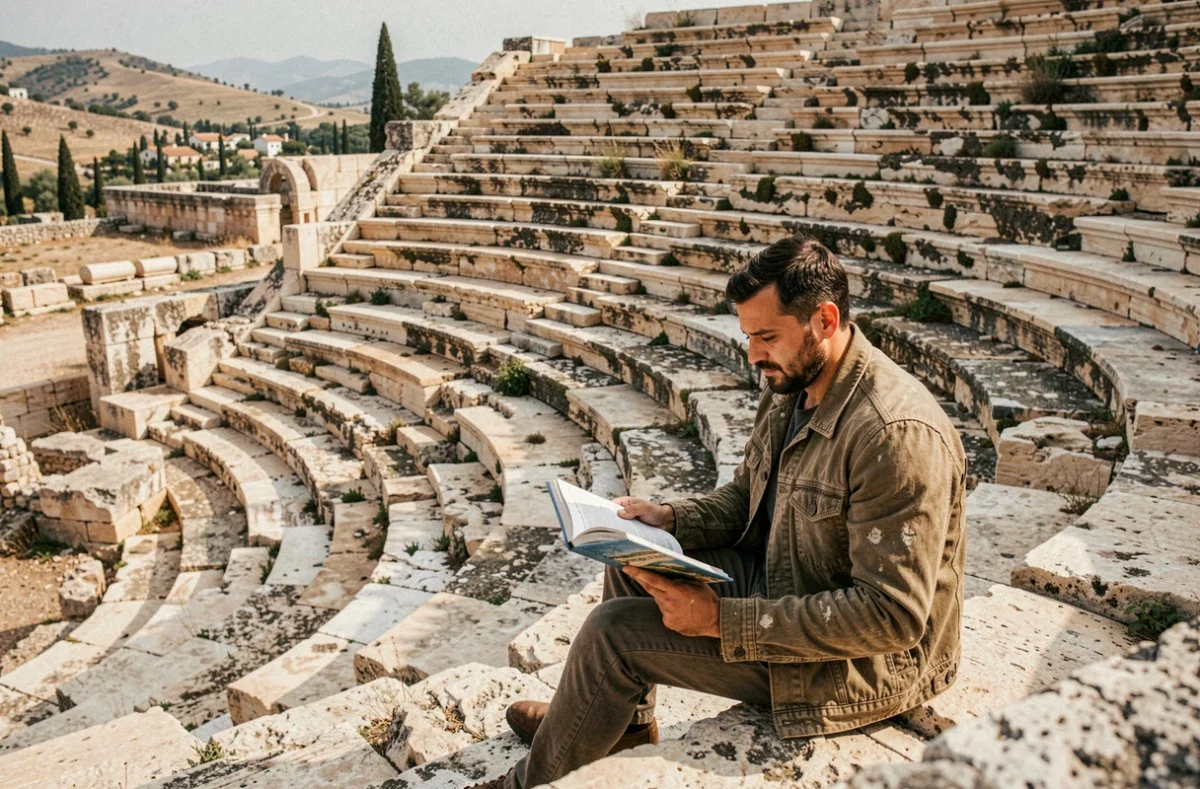 Voyageur solitaire assis dans un amphithéâtre grec antique, carnet de voyage ouvert, illustrant le lien entre patrimoine culturel et tourisme