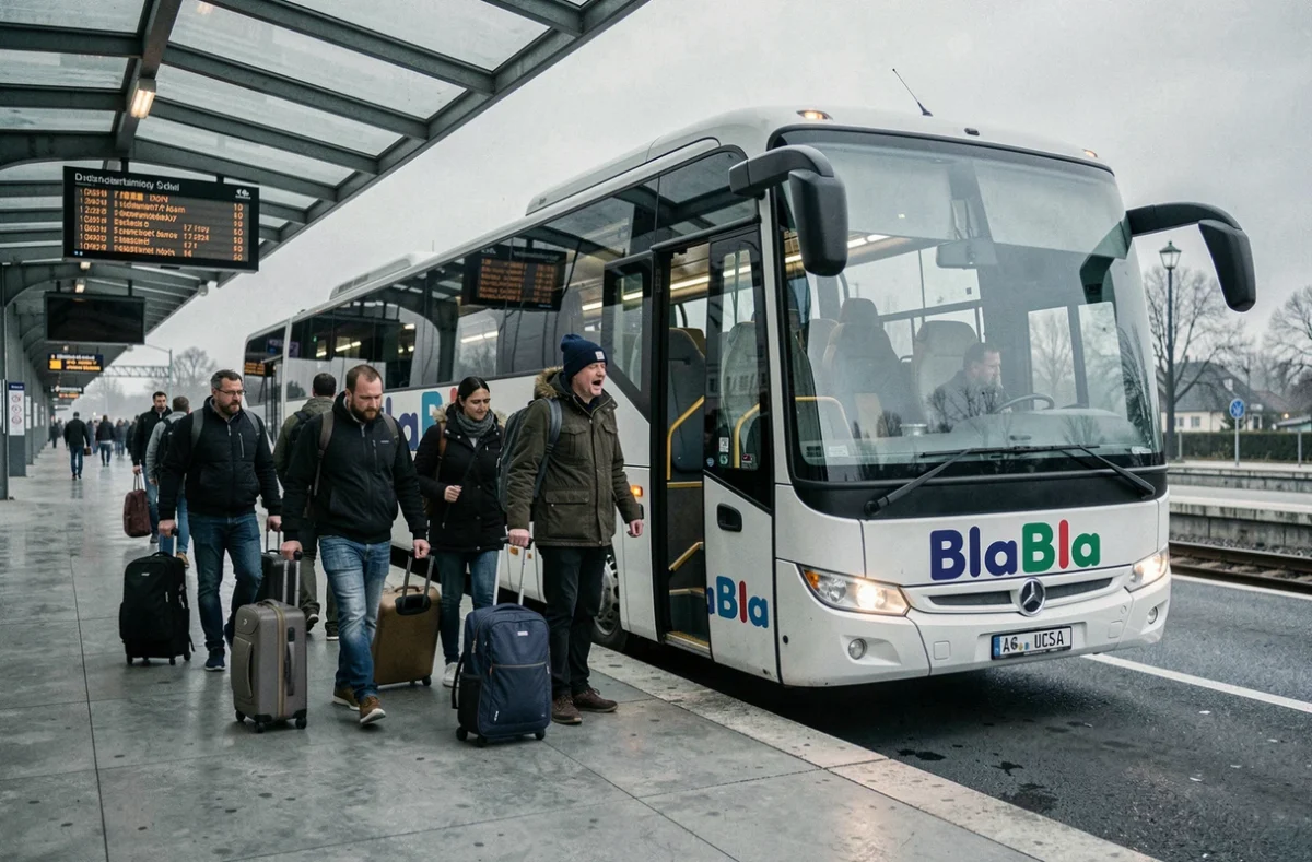 Voyageurs fatigués montant dans un bus BlaBlabus tôt le matin en gare routière