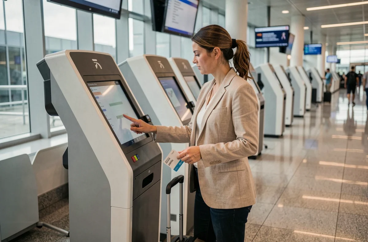 Voyageuse utilisant une borne de déclaration douanière automatisée dans un terminal d'aéroport moderne