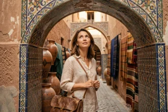 Voyageuse admirant l'architecture artisanale d'une médina marocaine, illustrant l'importance de la culture dans le tourisme