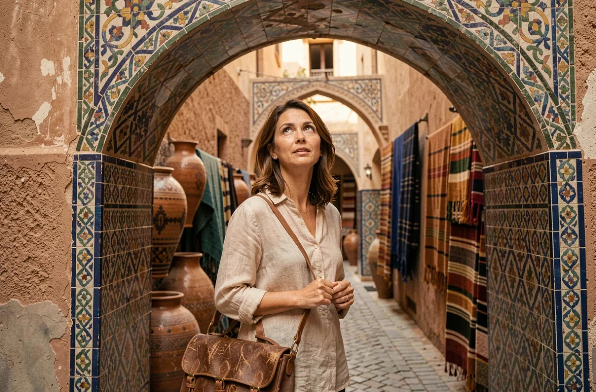 Voyageuse admirant l'architecture artisanale d'une médina marocaine, illustrant l'importance de la culture dans le tourisme