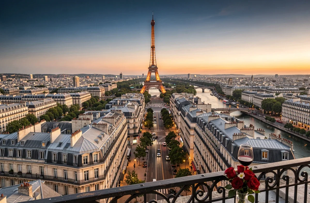 Vue panoramique aérienne de Paris au crépuscule avec la Tour Eiffel et une terrasse romantique au premier plan